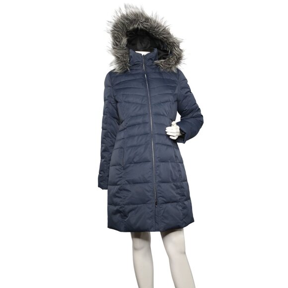 London Fog Down Filled Parka Coat Faux Fur Hood Navy Blue Quilted Winter Jacket - Picture 3 of 15